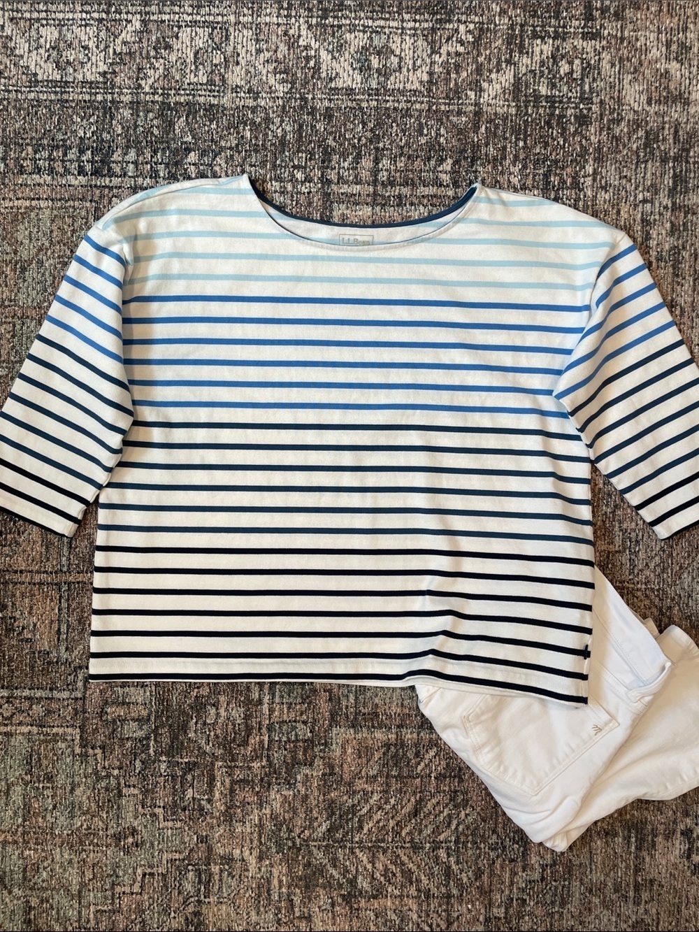 L.L. Bean Women’s Petite XL Blue White Striped Boat Neck Top Long Sleeve Casual